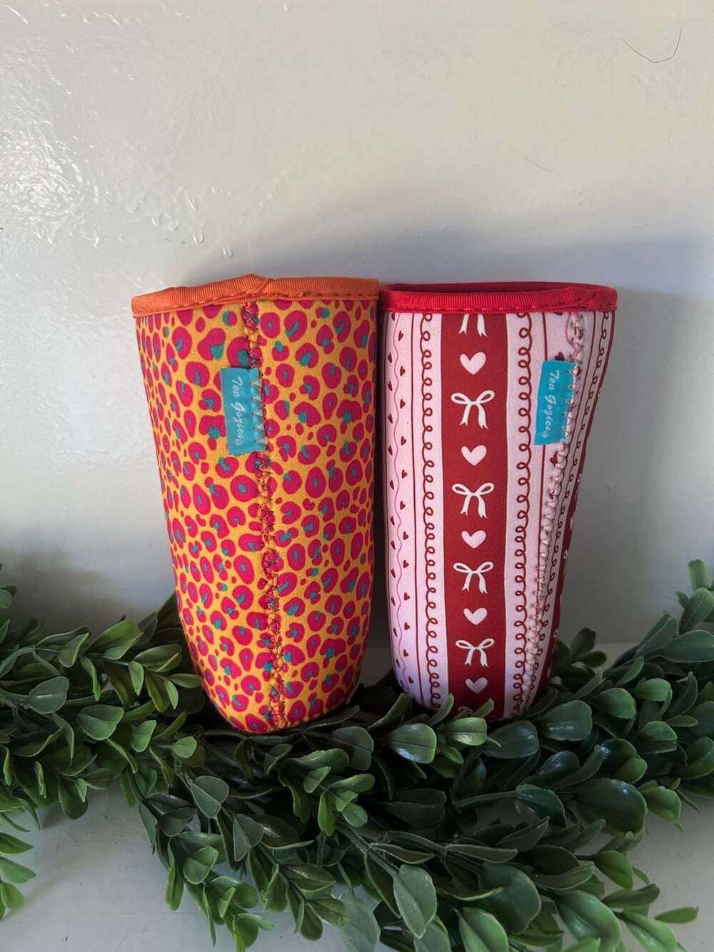 Tea Gozies Insulated Tumbler Sleeve Holder Set of 2 (Pink Leopard and Red Hearts